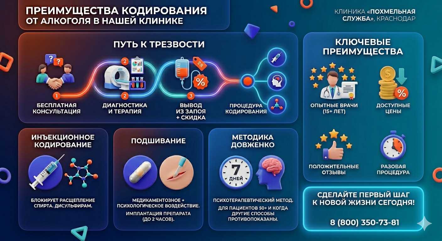 Инфографика о методах кодирования от алкоголя в Чалтыре: инъекции, подшивание, метод Довженко. Преимущества клиники и этапы лечения.