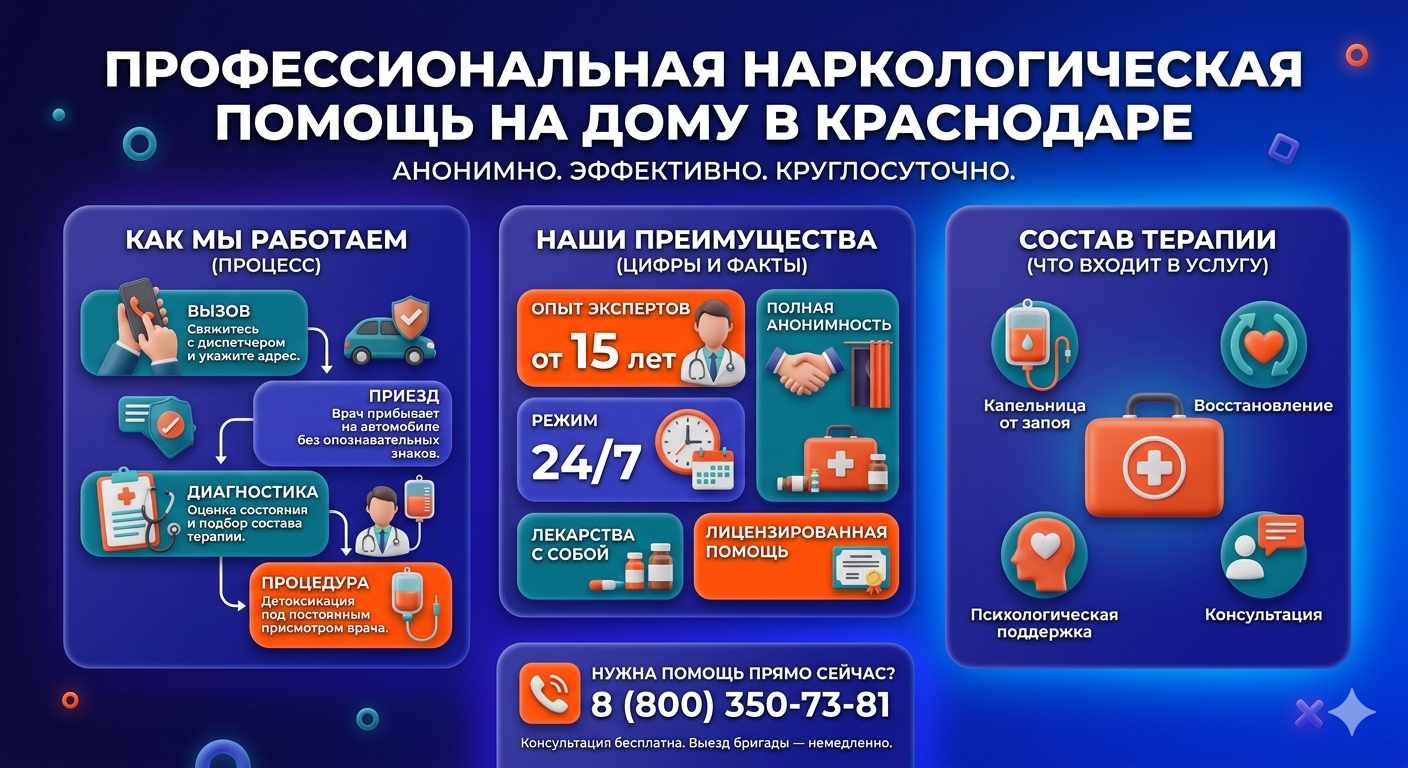 Инфографика о принципах лечения алкоголизма на дому в Чалтыре: этапы вызова нарколога, преимущества анонимной детоксикации и состав медицинской помощи.